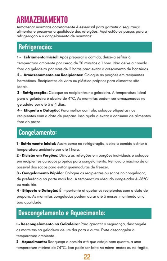 Página real do guia com orientações de armazenamento e descongelamento