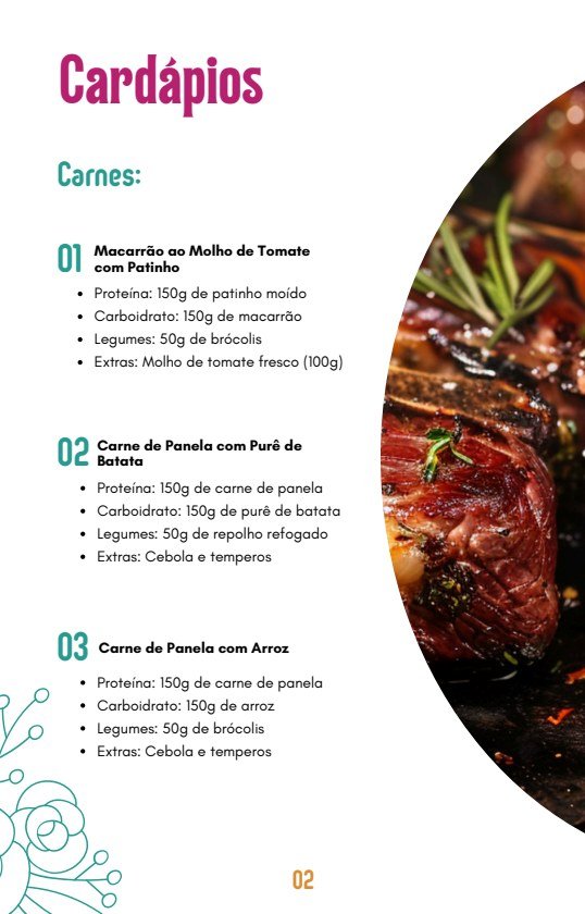 Página real do guia com combinações de cardápios de carne